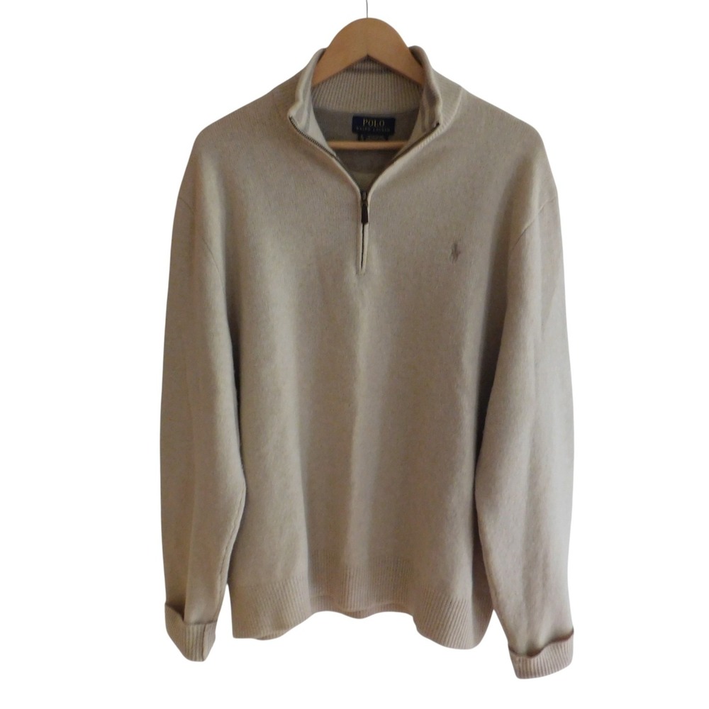 Vintage Polo Ralph Lauren Mens Beige Wool Cashmere 1/4 Zip Sweater Size XL